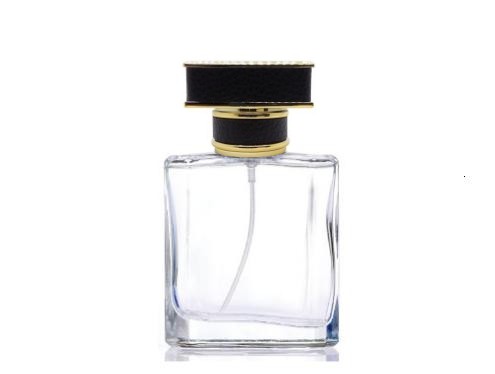 50ml liberty clear perfume bottle with square black gold leather cap