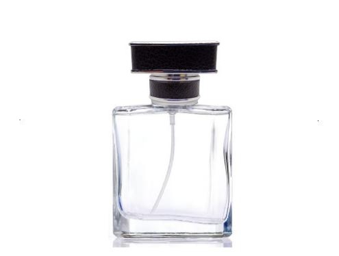 50ml liberty clear perfume bottle with square black silver leather cap