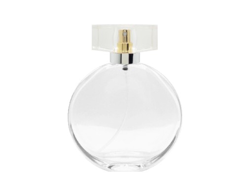 50ml parthenon circular perfume bottle gold pump clear silver cap