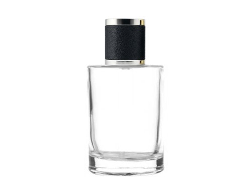 50ml tower squat perfume bottle with black silver leather cap